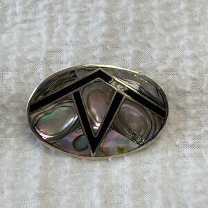 Vintage Alpaca Silver Mexico Onyx & Abalone Inlay Brooch or Pendant